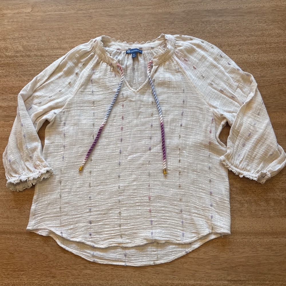 Democracy Womens Ivory Clipped Dot Peasant Blouse Ombre Ties Lace‎ Trim Medium